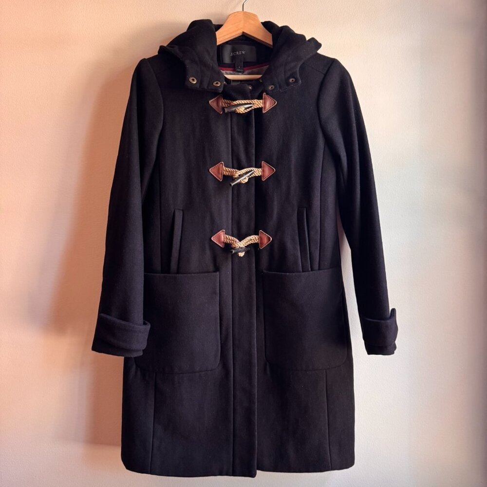 J.Crew Black Hooded Toggle Wool Coat Size 2 Fall Outfit Cozy Whimsigoth Layer